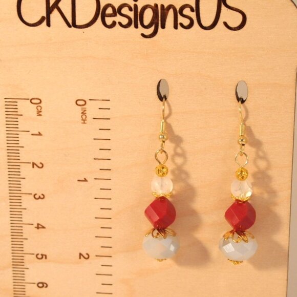 Faceted Glass Earrings Red and Grey Dangle Pierced or Clip-on Earrings - Picture 2 of 8